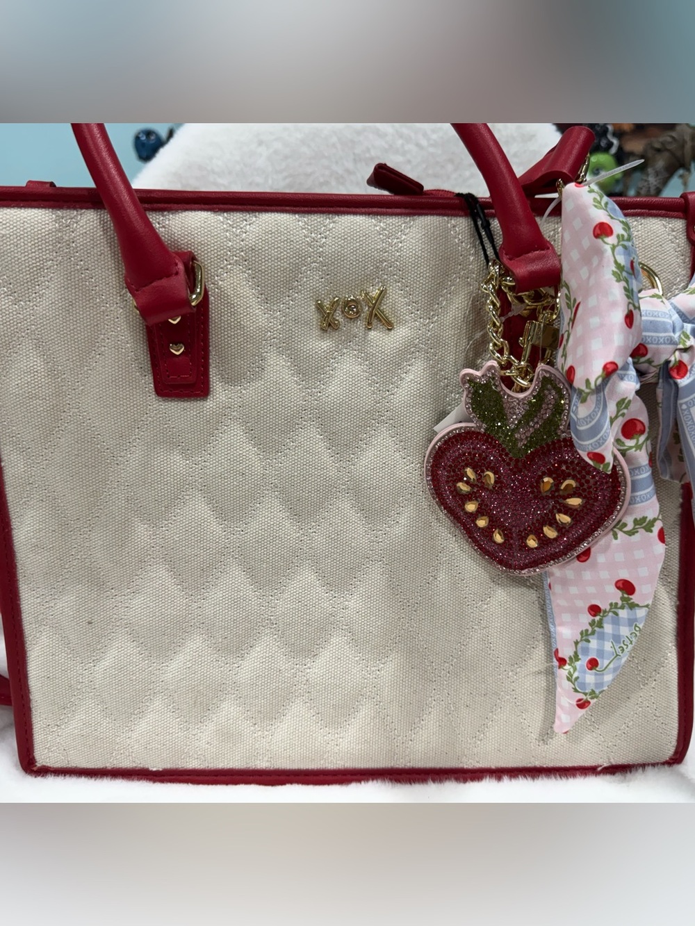 NWT Betsey Johnson Cream and Red Tote Bag with tomato Charm
